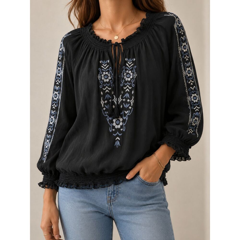 Elena Solano Black Embroidered Peasant Boho Blouse L Folk Romantic Renaissance